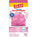 Glad 13 Gallon ForceFlex MaxStrength Drawstring Tall Kitchen Trash Bags, 45 Count, Cherry Blossom, Pink