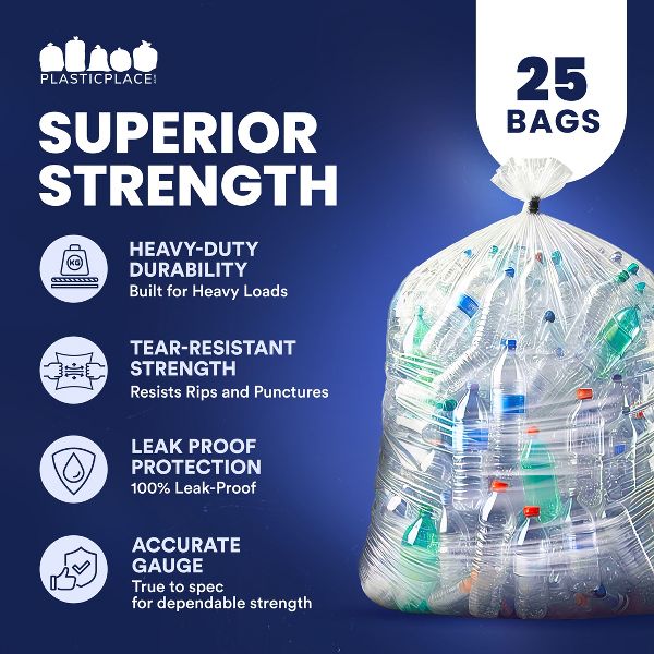 Plasticplace 65 Gallon Heavy-Duty Trash Bags, 25 Count, Clear, 50 x 48 in, 2.7 mil