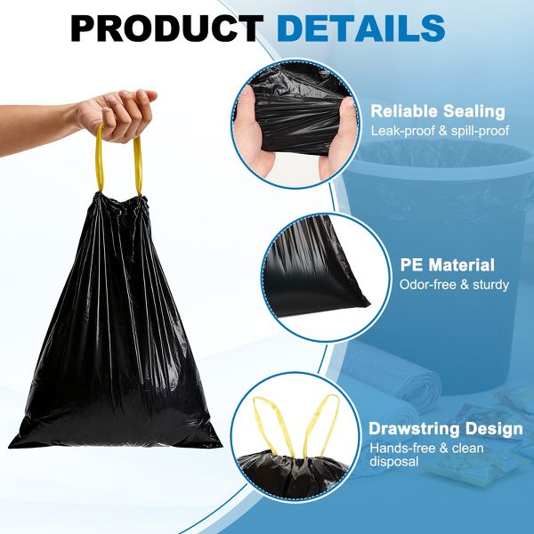 Unique Bargains Drawstring Bathroom Trash Bags, 100 Count, Unscented, Black, Easy-Dispense