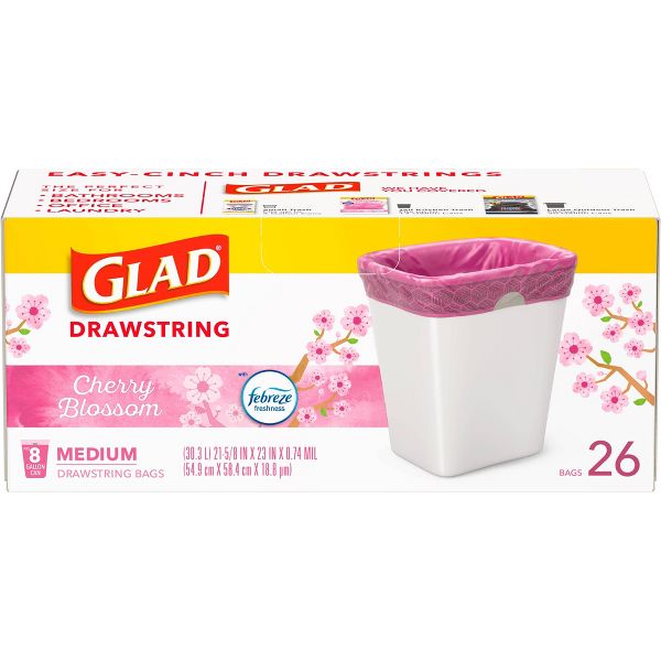 Glad 8 Gallon Drawstring Trash Bags, 26 Count, Cherry Blossom