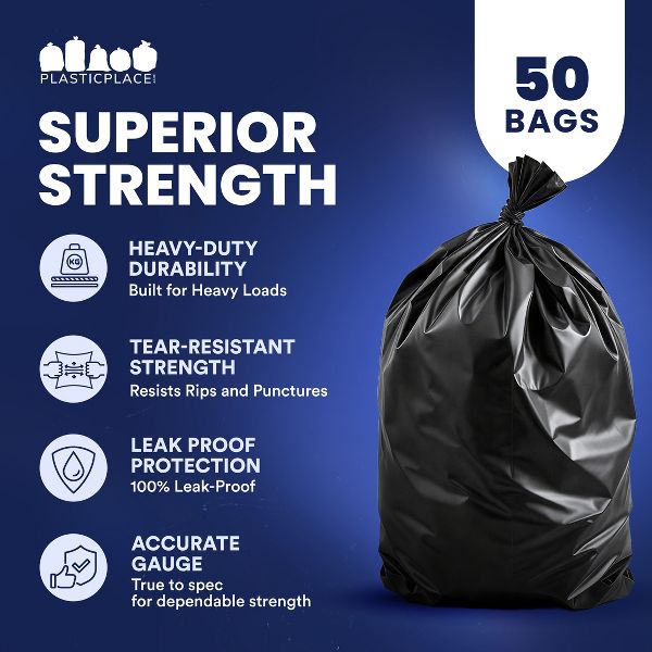 Plasticplace 65 Gallon Trash Bags, 100 Count, Black, 50 x 48 in, 1.5 mil