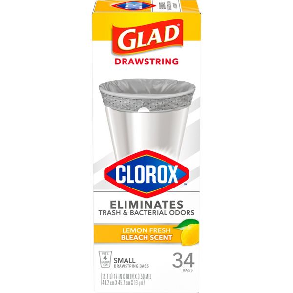 Glad 4 Gallon Drawstring Small Trash Bags, 34 Count, Lemon Fresh Bleach Scent