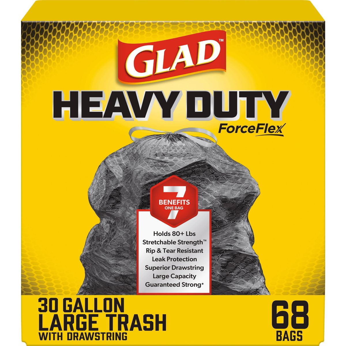 Glad 30 Gallon ForceFlex+ Drawstring Large Trash Bags, 68 Count, Black