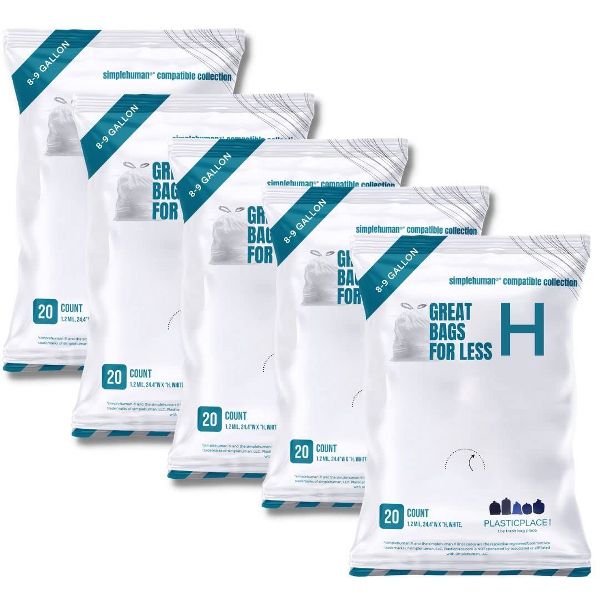 Plasticplace 8-9 Gallon Drawstring Trash Bags Compatible with simplehuman Code H, 100 Count (5 Packs of 20), White