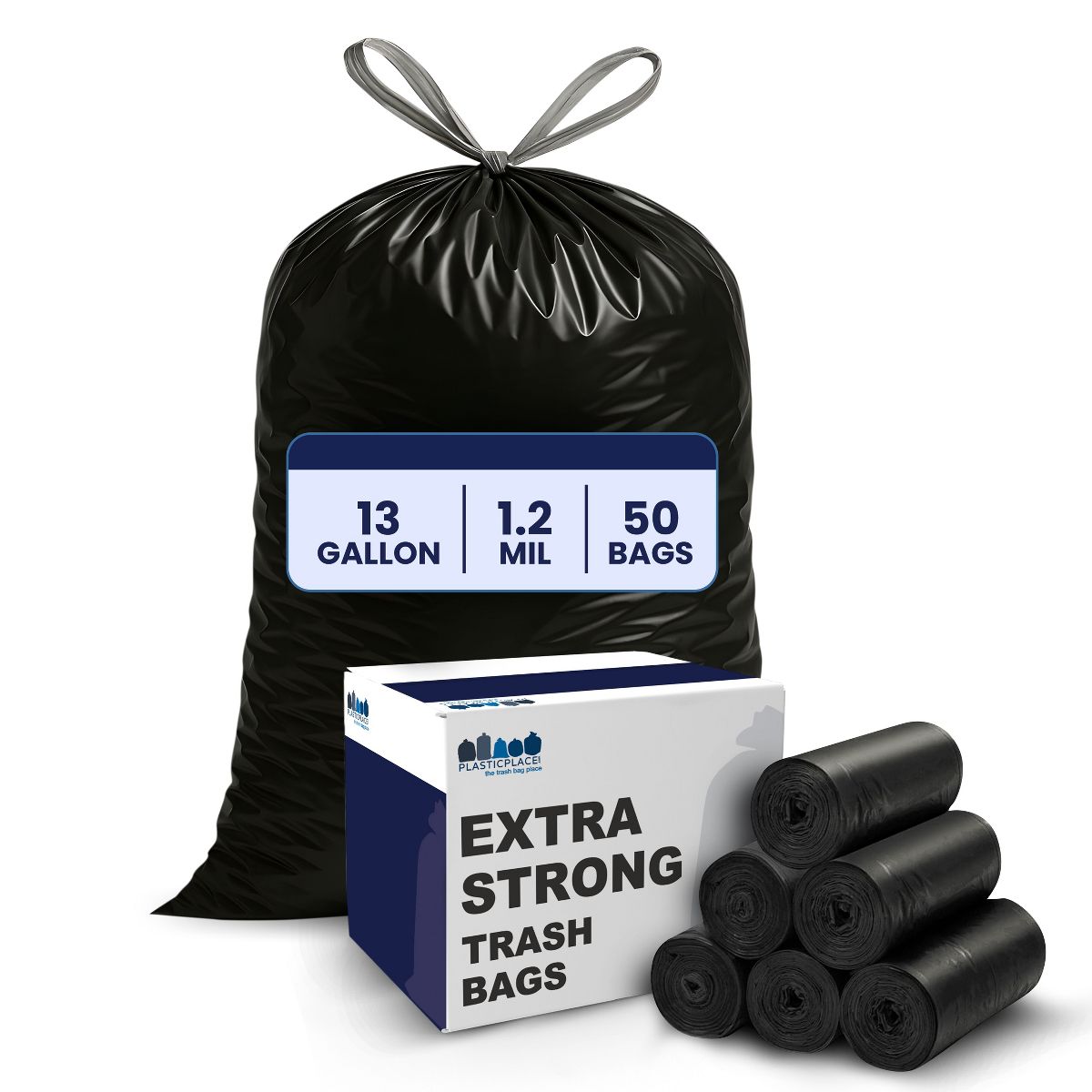 Plasticplace 13 Gallon Drawstring Trash Bags, 50 Count, Black, 24 x 31 in, 1.2 mil