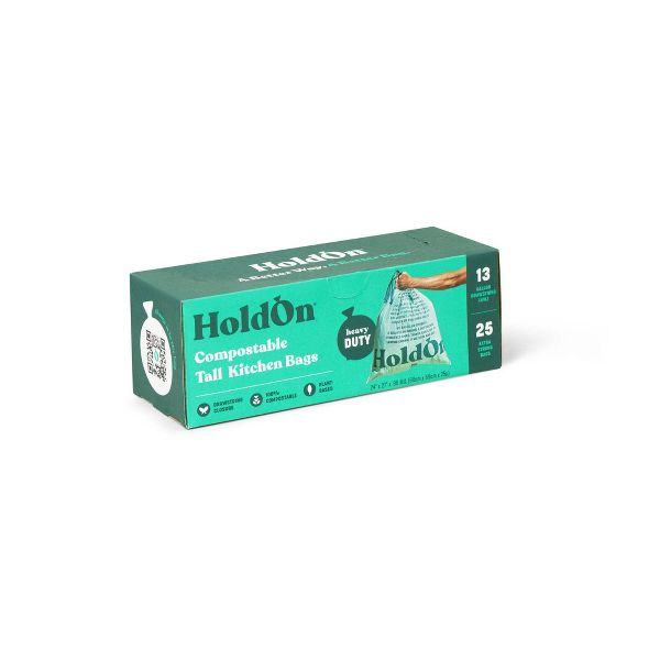 HoldOn Bags 13 Gallon Compostable Trash Bags, 25 Count