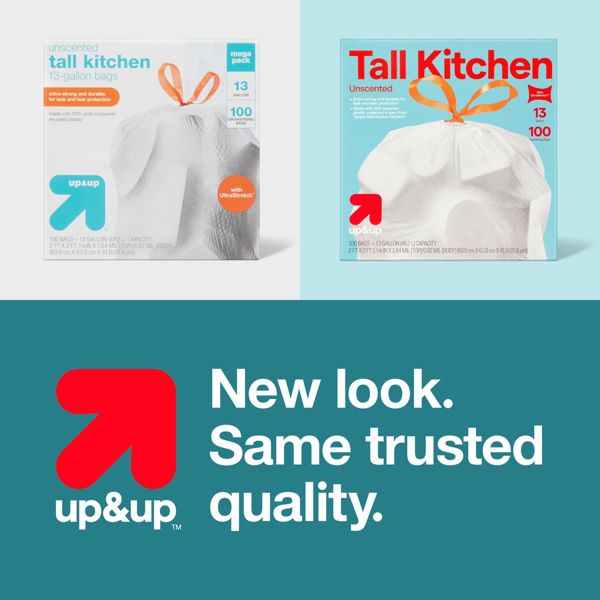 up&up 13 Gallon Drawstring Tall Kitchen Trash Bags, 100 Count, Unscented
