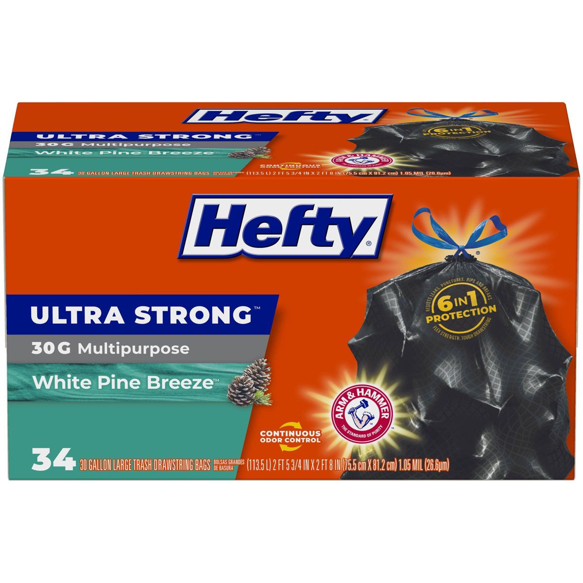 Hefty 30 Gallon Drawstring Large Trash Bags, 34 Count, White Pine Breeze, Black