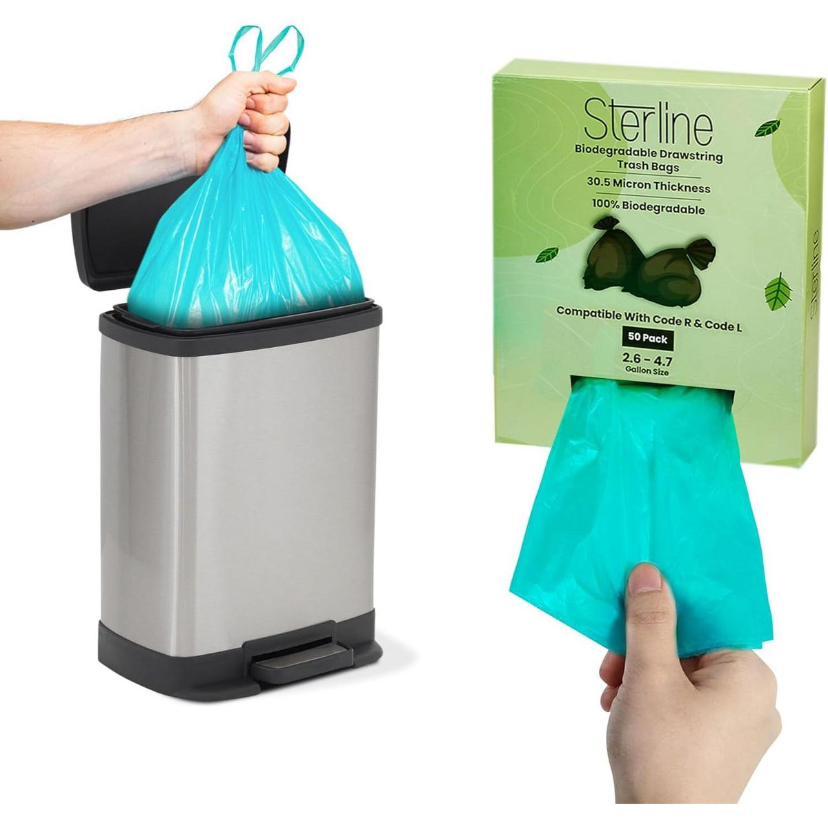 Sterline 2.6-4 Gallon Drawstring Trash Bags, Compatible with simplehuman Code R, 50 Count