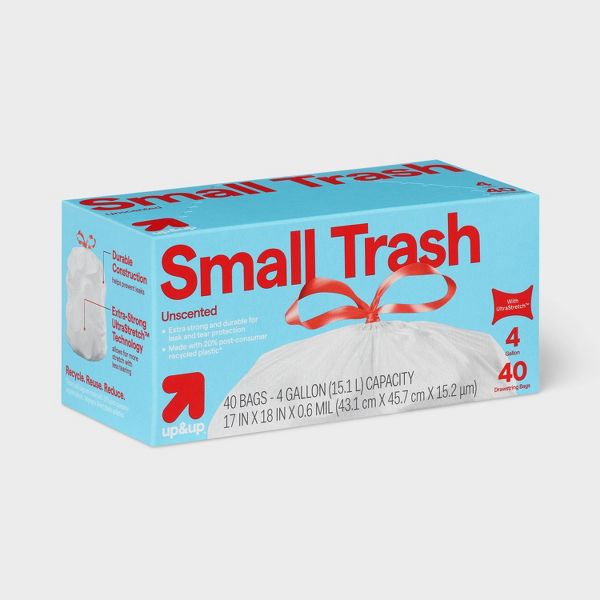 up&up 4 Gallon Drawstring Small Trash Bags, 40 Count, Unscented