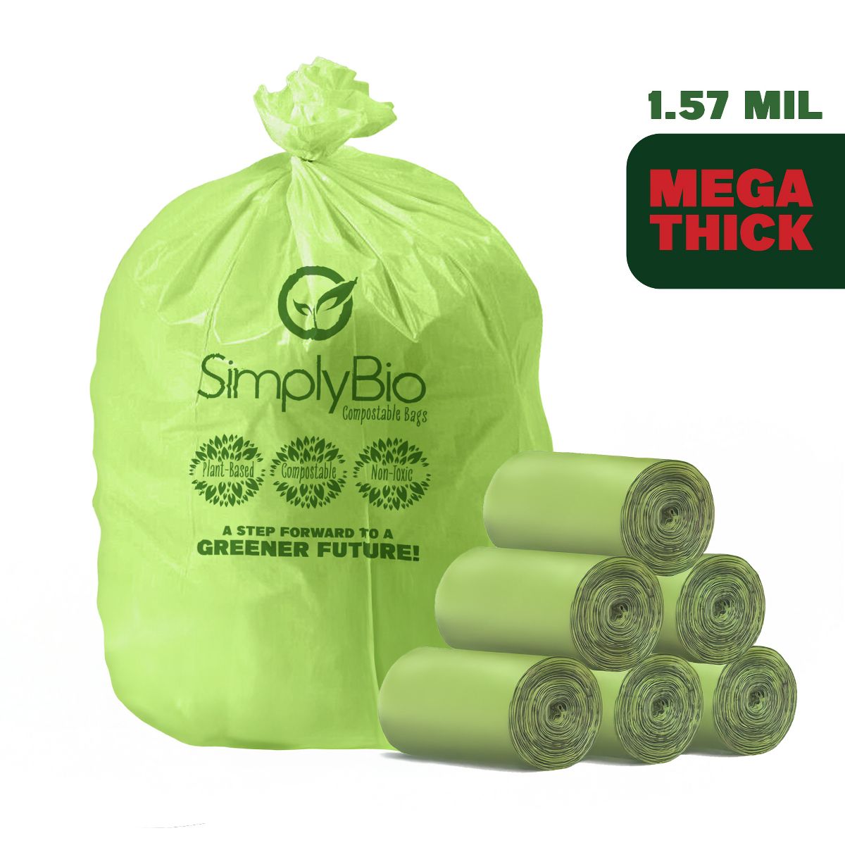 Simply Bio Compostable Flat-Top Trash Can Liners, 60 Count, Green, 1.57 mil