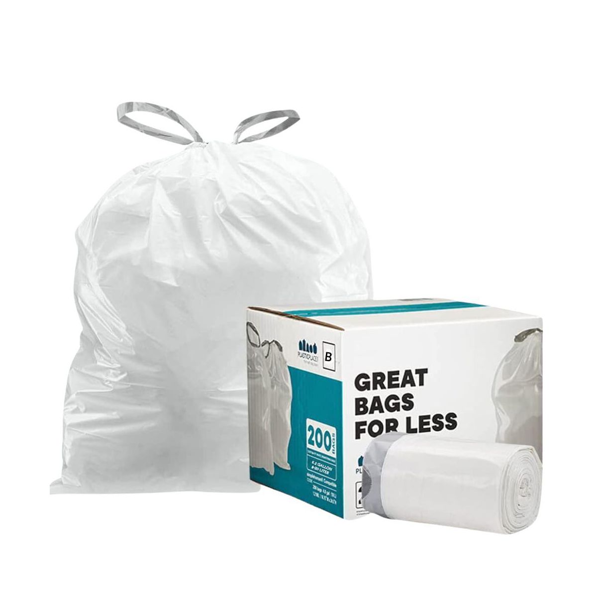Plasticplace 1.6 Gallon Trash Bags, Compatible with simplehuman Code B, 200 Count, White