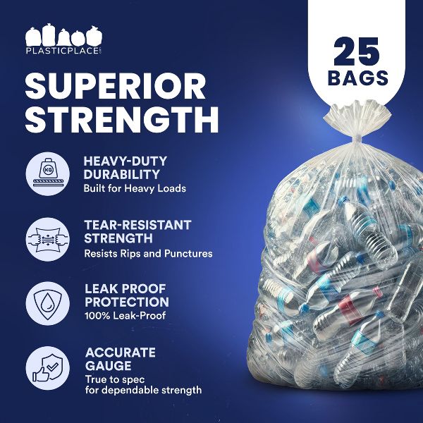 Plasticplace 95-96 Gallon Trash Bags, 25 Count, Clear, 61 x 68 in, 1.5 mil