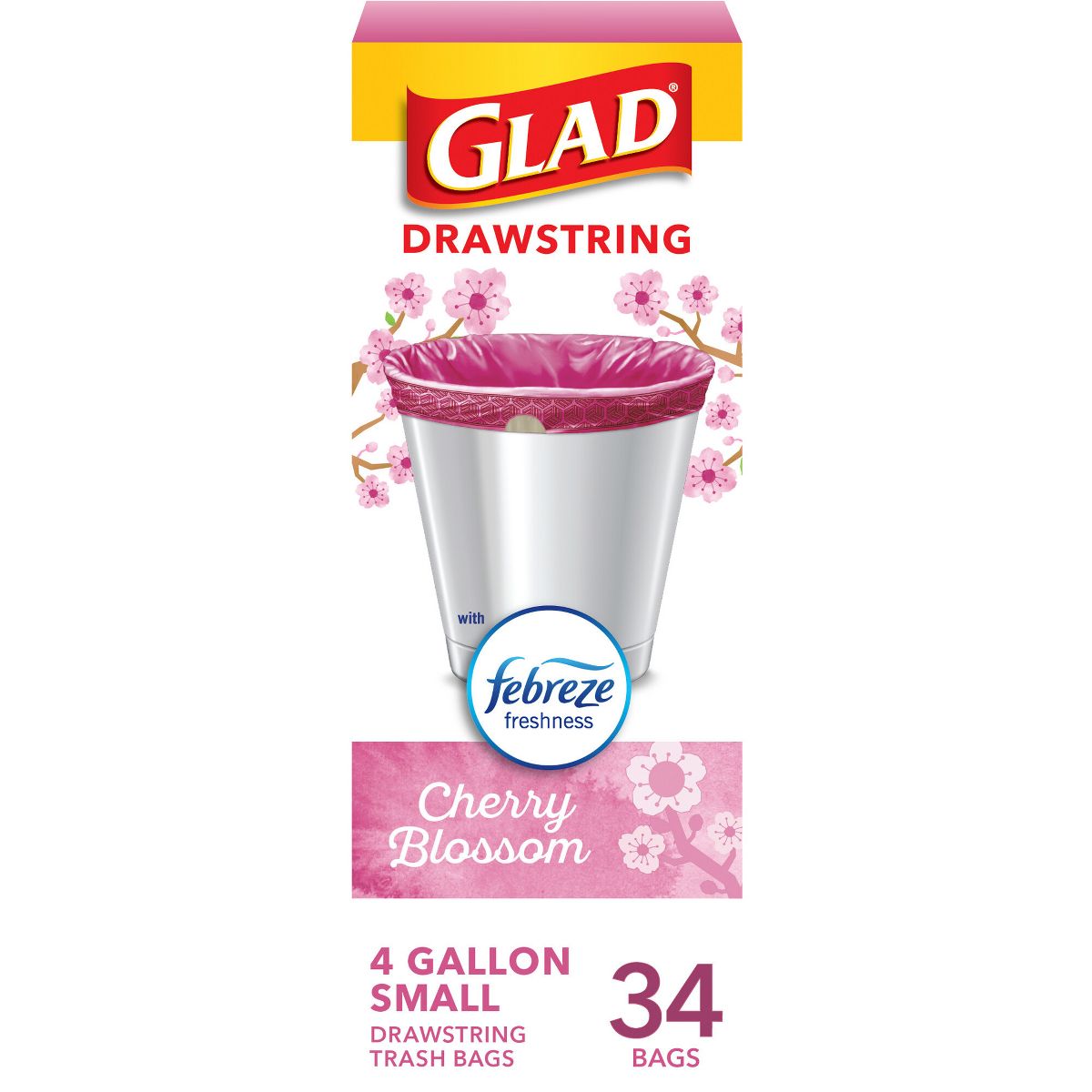 Glad 4 Gallon Drawstring Small Trash Bags, 34 Count, Cherry Blossom
