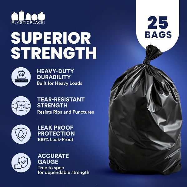 Plasticplace 64 Gallon Trash Bags, 25 Count, Black, 50 x 60 in, 1.5 mil