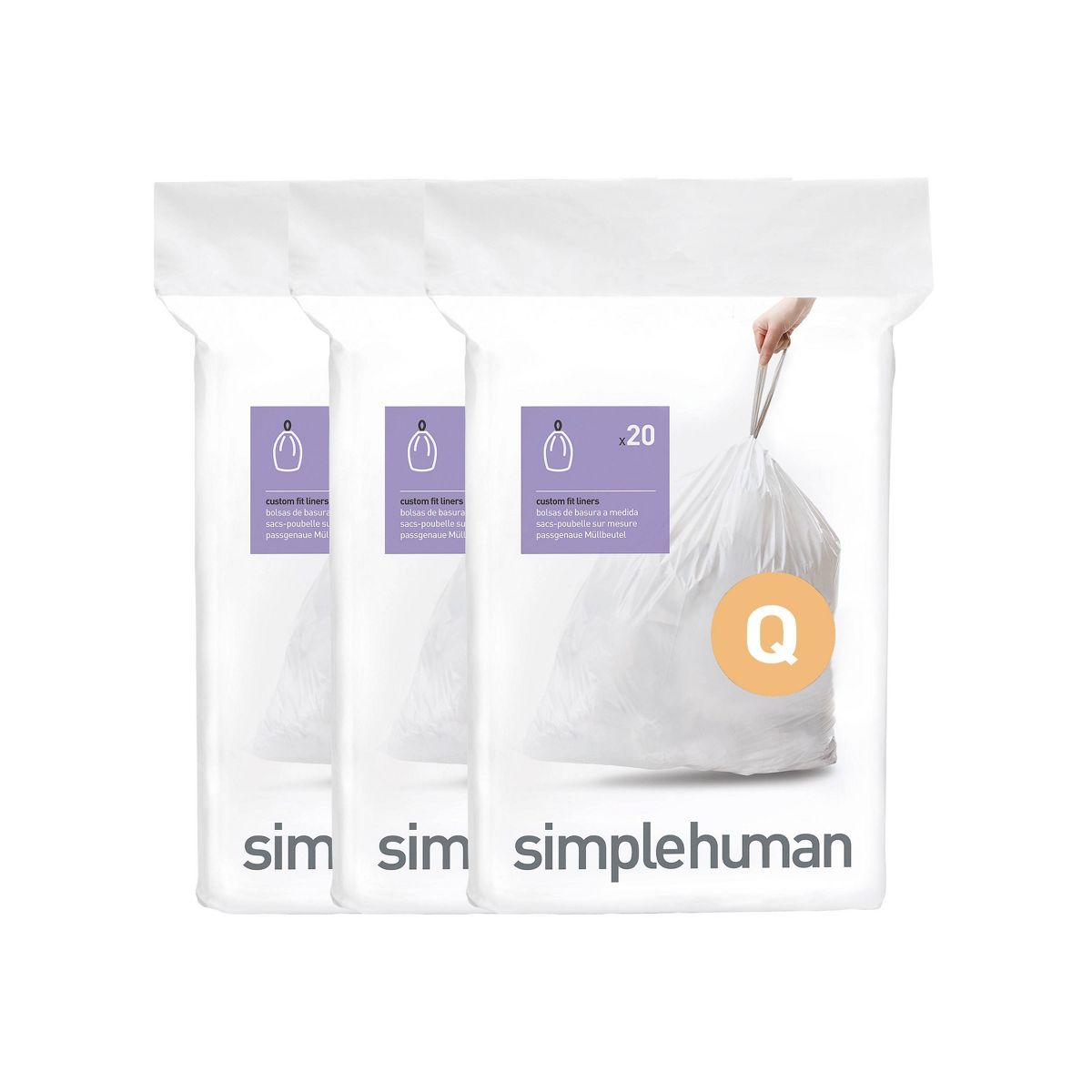 simplehuman 50-65 L Drawstring Tall Kitchen Trash Bags, Code Q, 60 Count, Unscented