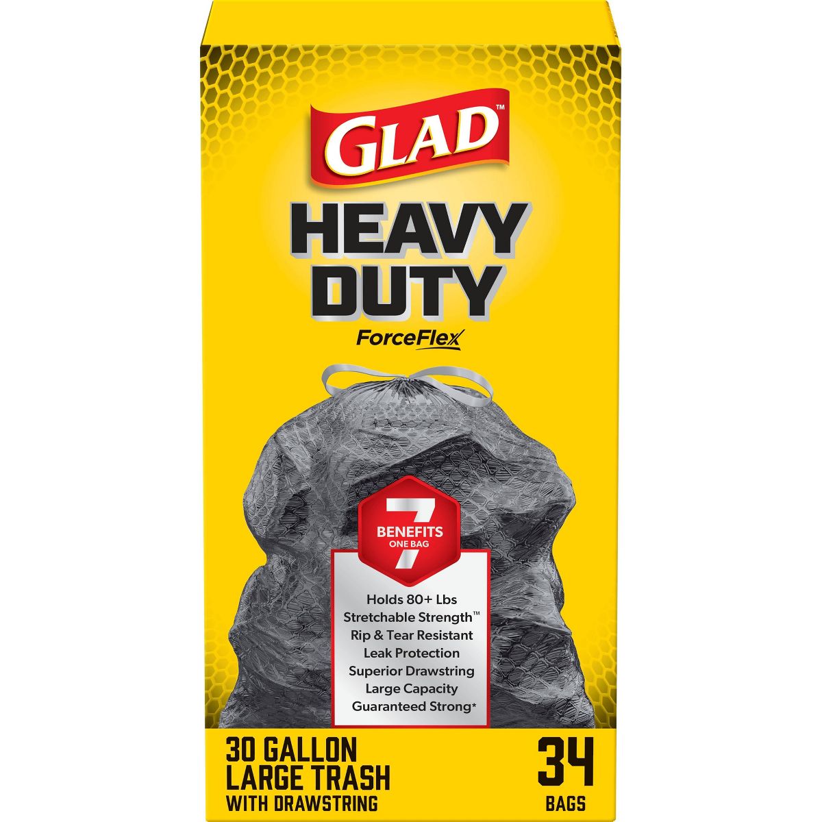 Glad 30 Gallon ForceFlex Drawstring Large Trash Bags, 34 Count, Black