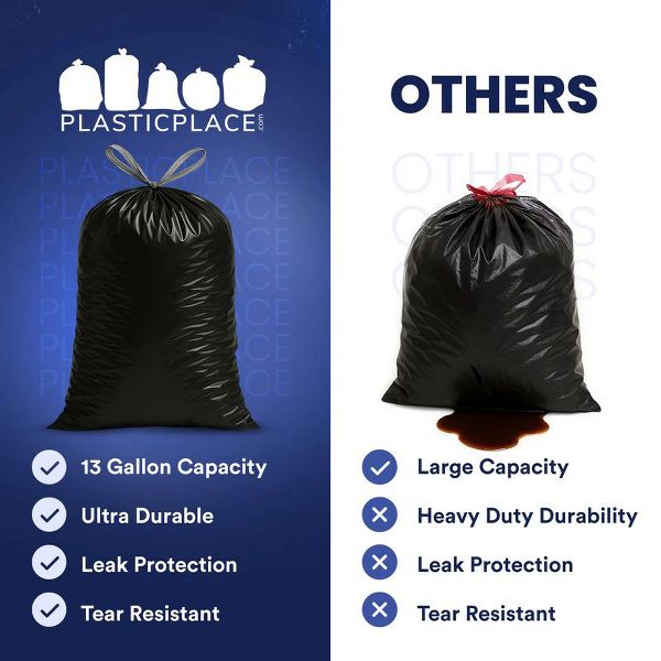 Plasticplace 13 Gallon Drawstring Trash Bags, 50 Count, Black, 24 x 31 in, 1.2 mil
