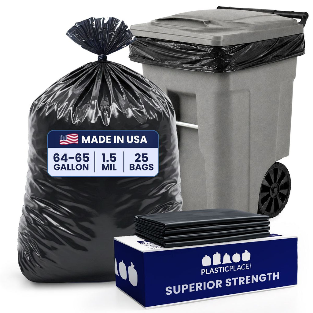 Plasticplace 64 Gallon Trash Bags, 25 Count, Black, 50 x 60 in, 1.5 mil