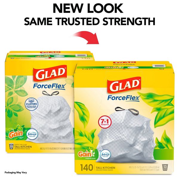 Glad 13 Gallon ForceFlex Drawstring Trash Bags, 140 Count, Gain Original