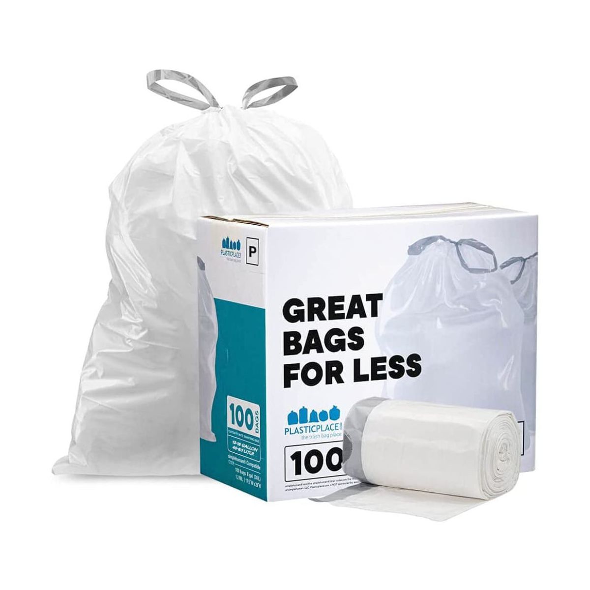 Plasticplace 13-16 Gallon Drawstring Trash Bags, Compatible with simplehuman Code P, 100 Count, White, 23.75 x 31.5 in