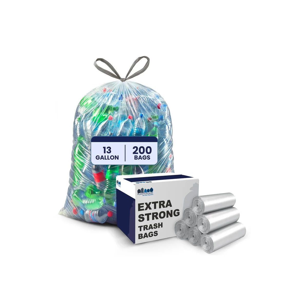 Plasticplace 13 Gallon Drawstring Trash Bags, 200 Count, Clear
