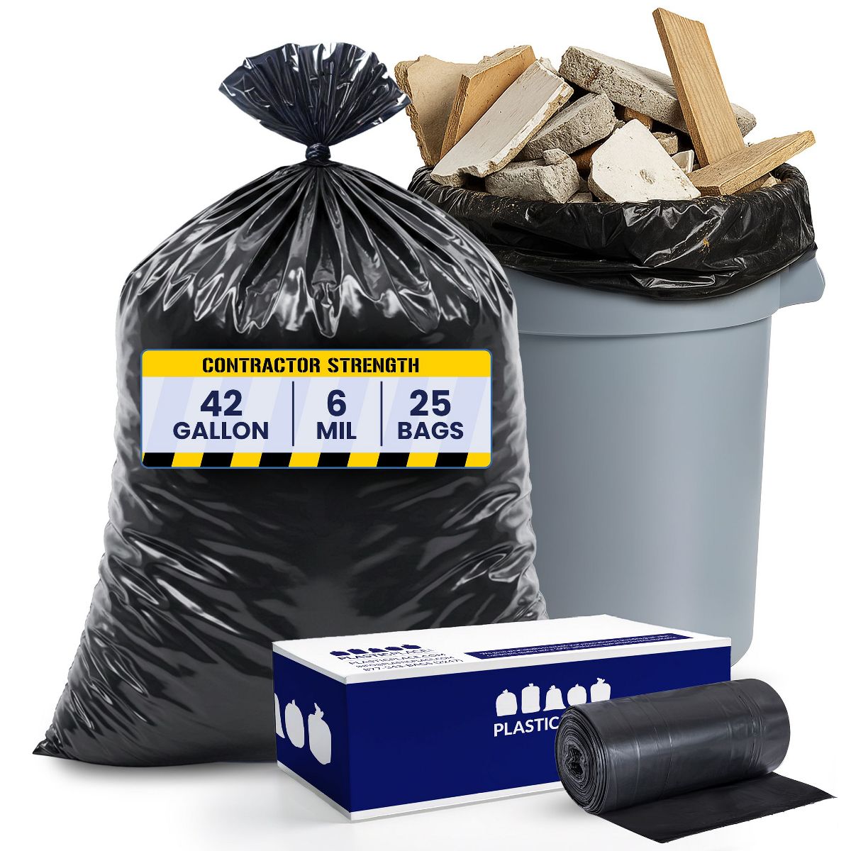 Plasticplace 42 Gallon Contractor Trash Bags, 25 Count, Black, 33 x 48 in, 6.0 mil