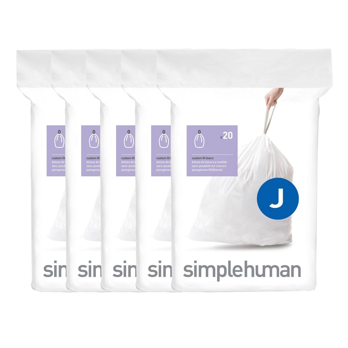 simplehuman 30-45 L Drawstring Tall Kitchen Trash Bags, Code J, 100 Count, White