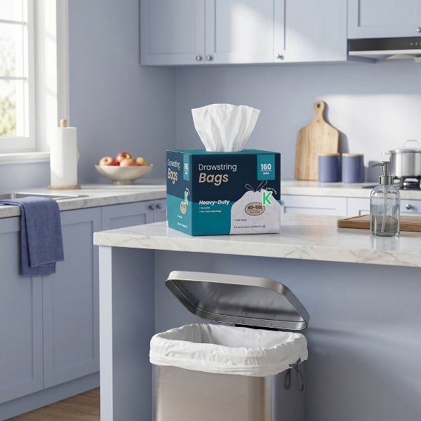 LEDREM Drawstring Tall Kitchen Trash Bags, 2 rolls, White