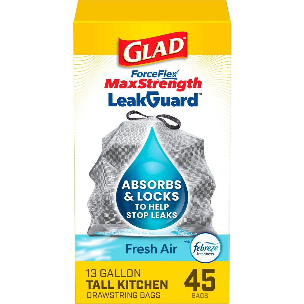 Glad 13 Gallon ForceFlex MaxStrength Drawstring Trash Bags, 45 Count, Fresh Air