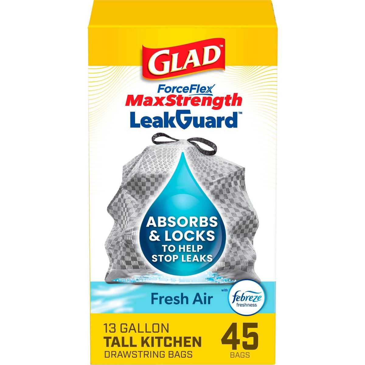 Glad 13 Gallon ForceFlex MaxStrength Drawstring Trash Bags, 45 Count, Fresh Air