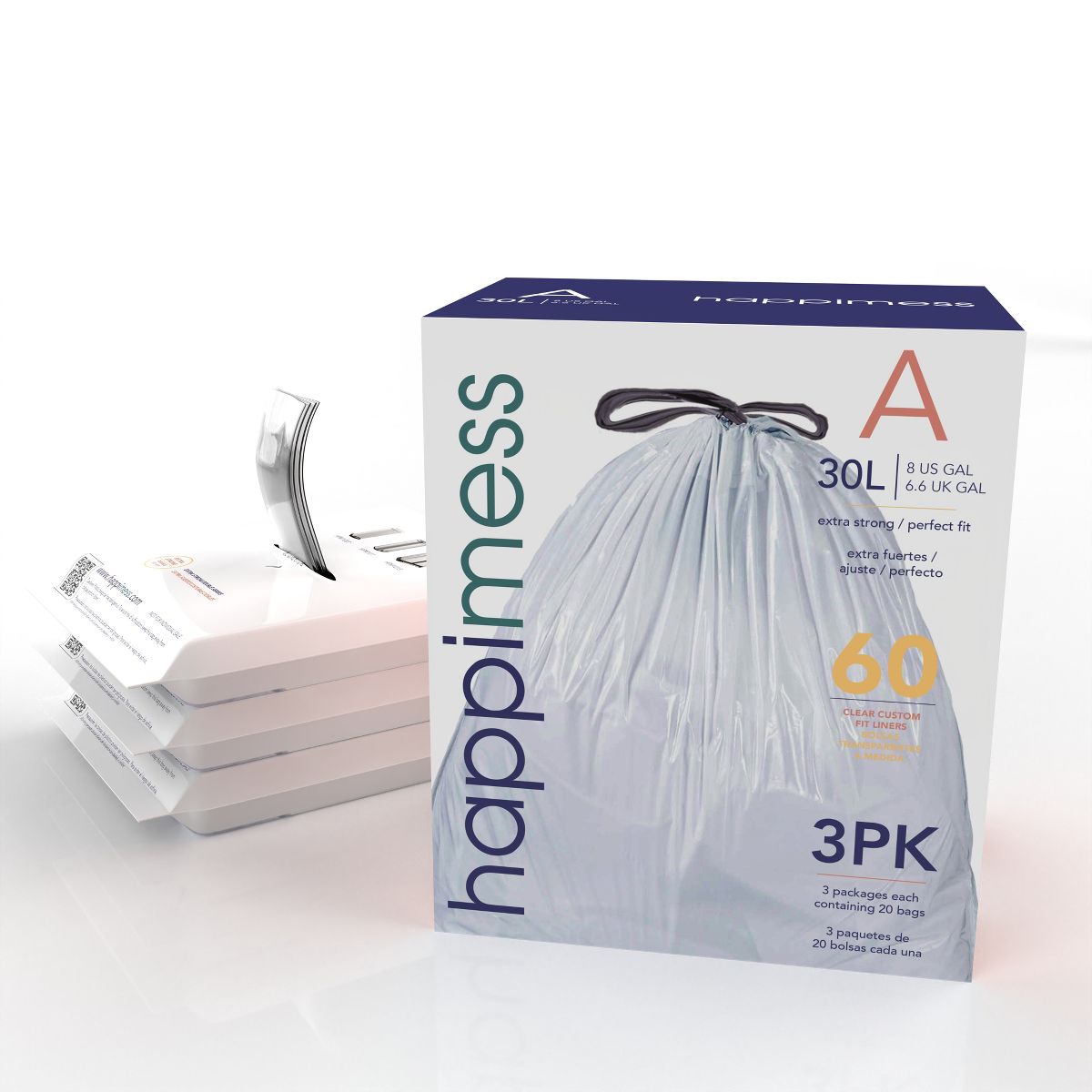 happymess 8 Gallon / 30 L Drawstring Trash Bags, 60 Count, per pack: 20 bags, Unscented, Clear