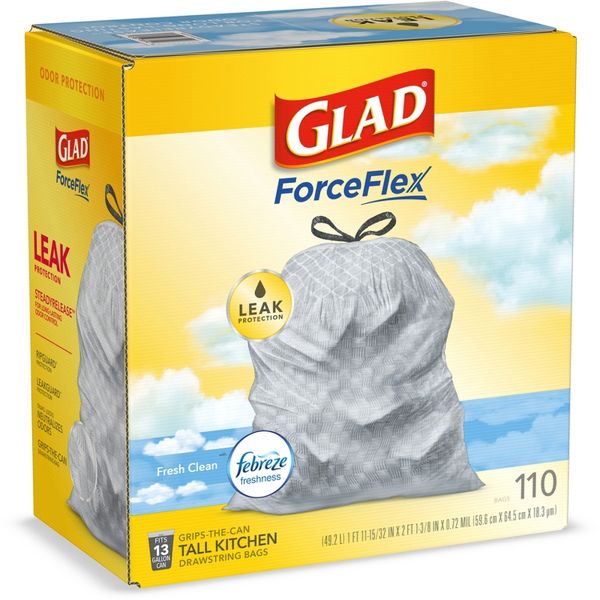 Glad 13 Gallon ForceFlex Drawstring Tall Kitchen Trash Bags, Fresh Scent, 0.72 mil