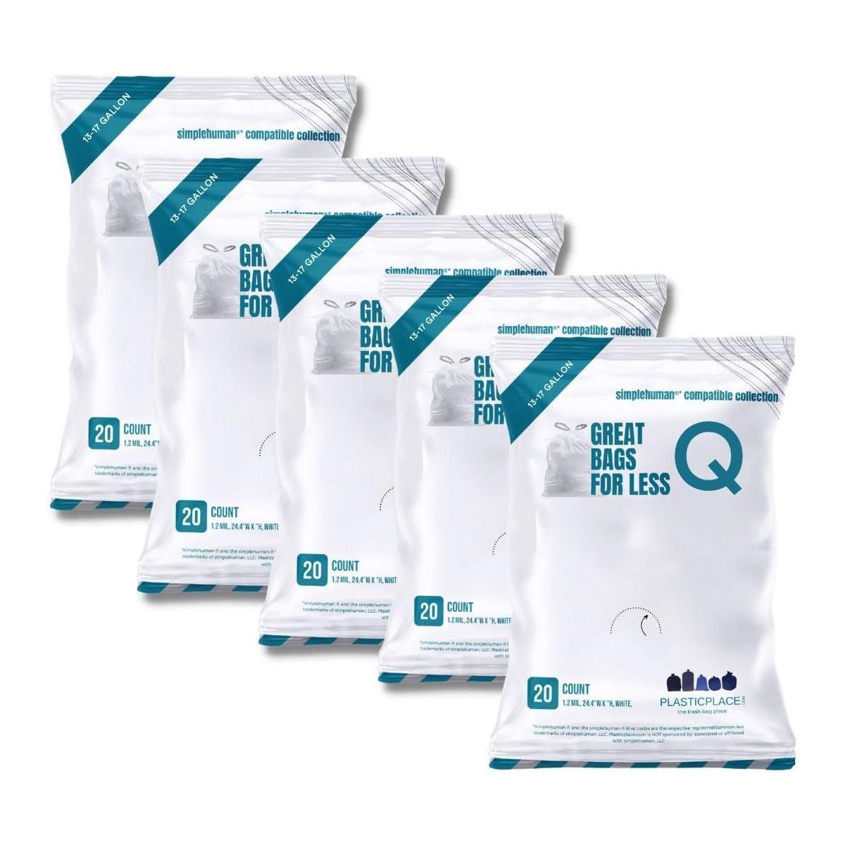 Plasticplace 13-17 Gallon Trash Bags, Compatible with simplehuman Code Q, White, 25 x 32.5 in