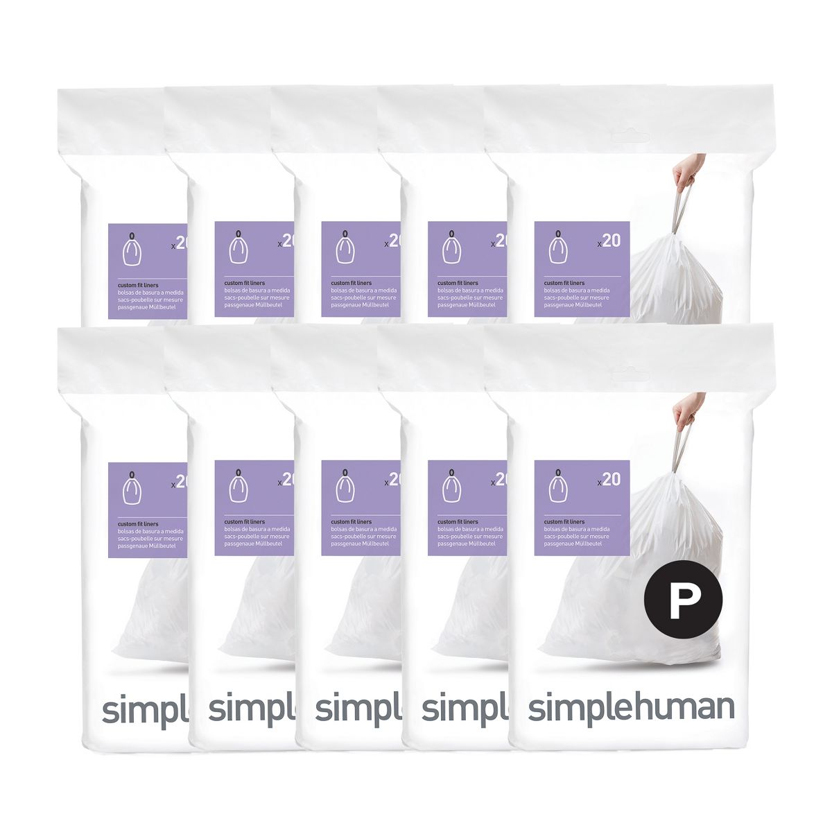 simplehuman 50-60 L Code P Custom-Fit Drawstring Trash Bags, 200 Count, White