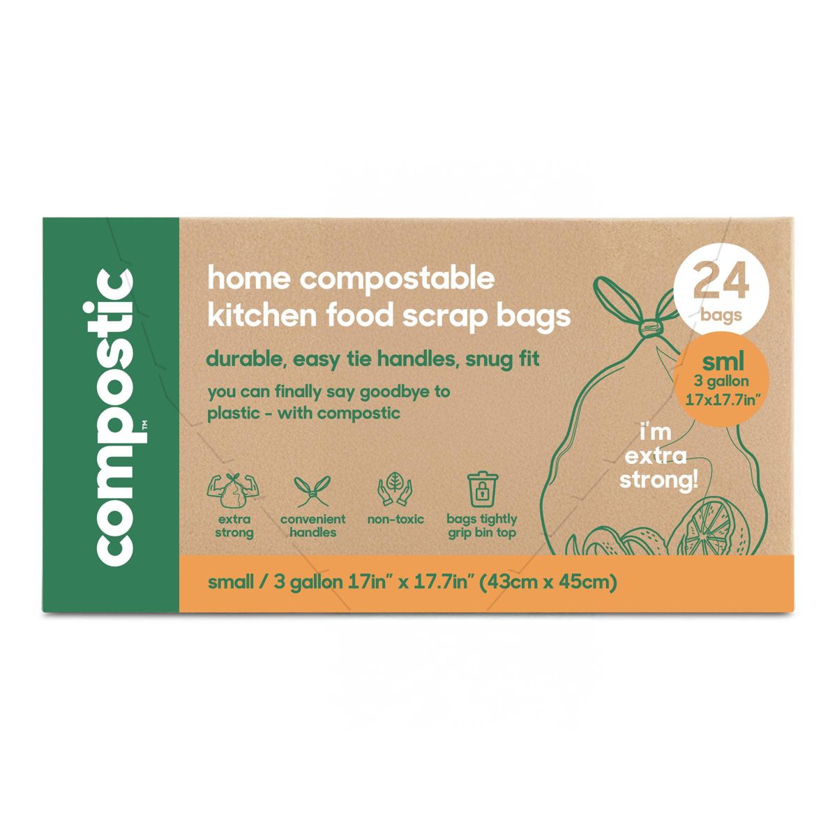 Compostic 3 Gallon Compostable Trash Bags, 24 Count