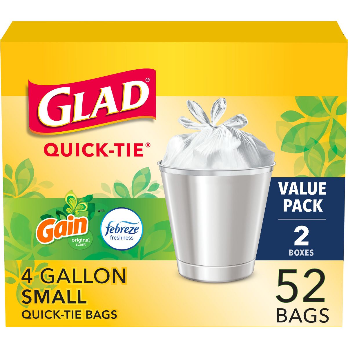 Glad 4 Gallon Small Trash Bags, 52 Count, Gain Original