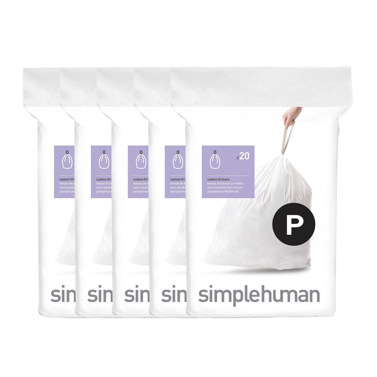 simplehuman 50-60 L / 60 L Drawstring Tall Kitchen Trash Bags, Code P, 100 Count, White