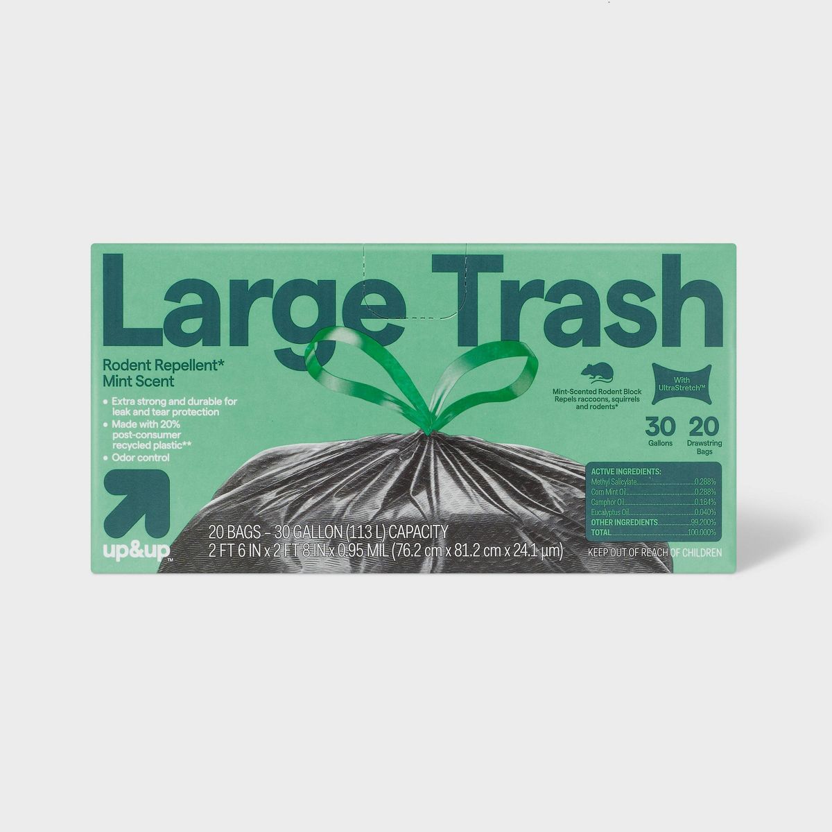 up&up 30 Gallon Drawstring Large Trash Bags, 20 Count, Mint