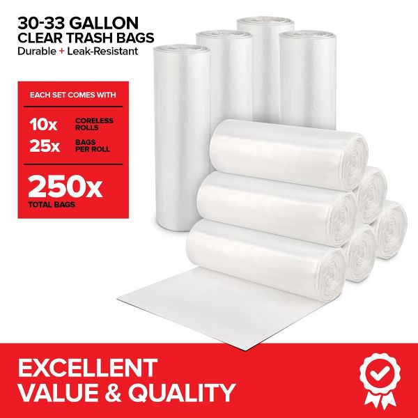 30-33 Gallon Multi-Purpose Trash Bags, 250 Count, Clear