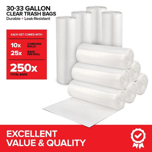 30-33 Gallon Multi-Purpose Trash Bags, 250 Count, Clear