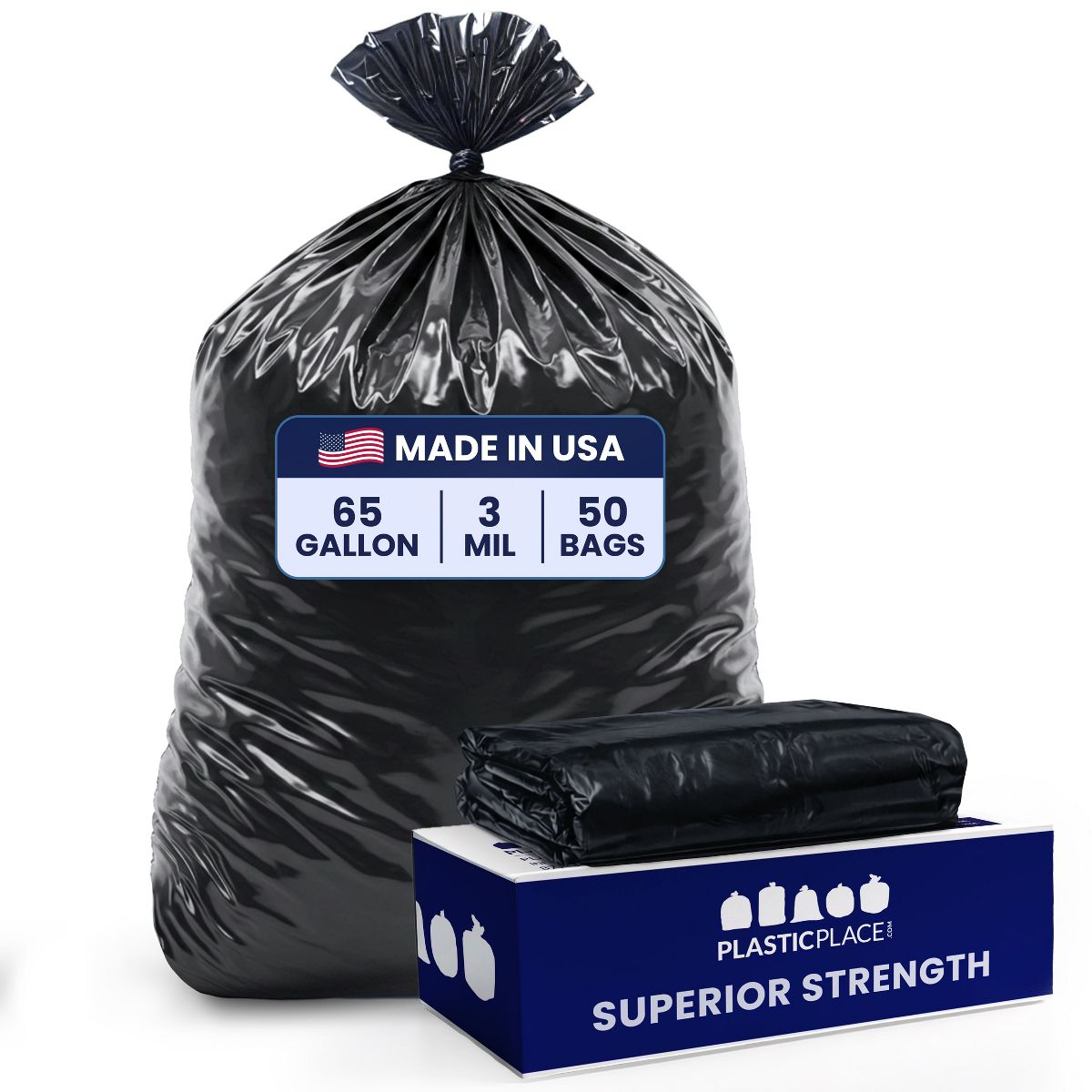 Plasticplace 65 Gallon Heavy-Duty Trash Bags, 50 Count, Black, 50 x 48 in, 3.0 mil