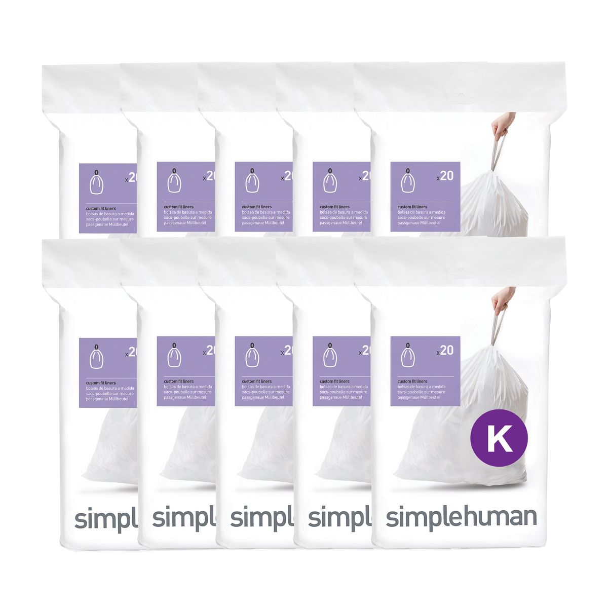 simplehuman 35-45 L Code K Custom-Fit Drawstring Trash Bags, 200 Count, White