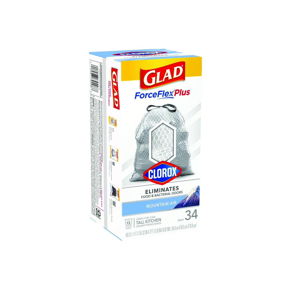 Glad 13 Gallon ForceFlex Plus Drawstring Tall Kitchen Trash Bags, Mountain Air, 0.82 mil