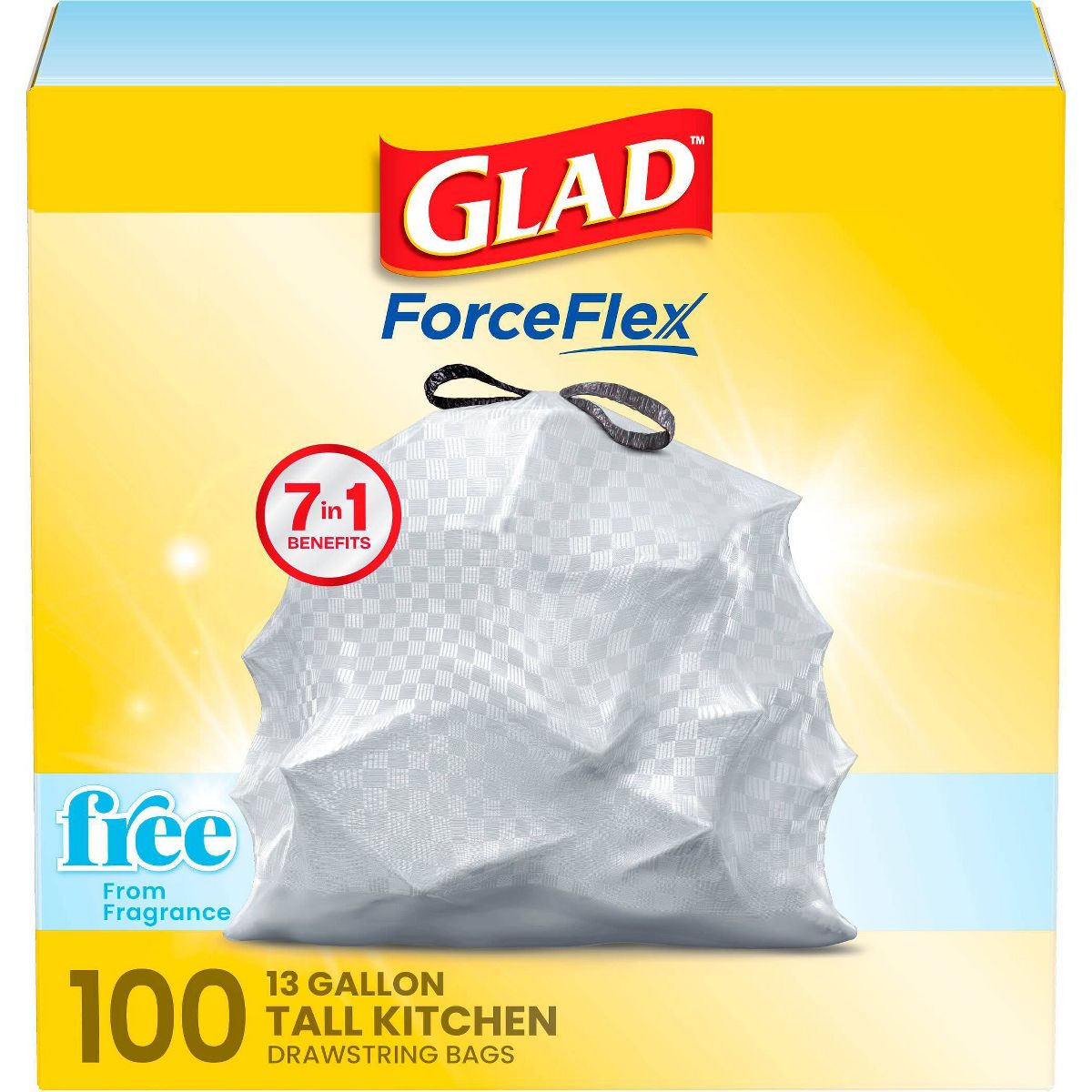 Glad 13 Gallon ForceFlex Drawstring Trash Bags, 100 Count, Unscented
