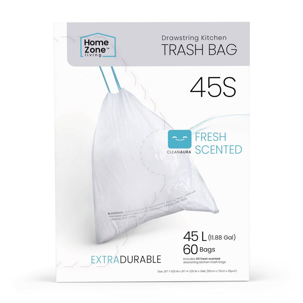 Home Zone Living 12 Gallon Drawstring Tall Kitchen Trash Bags, Code 45S, 60 Count