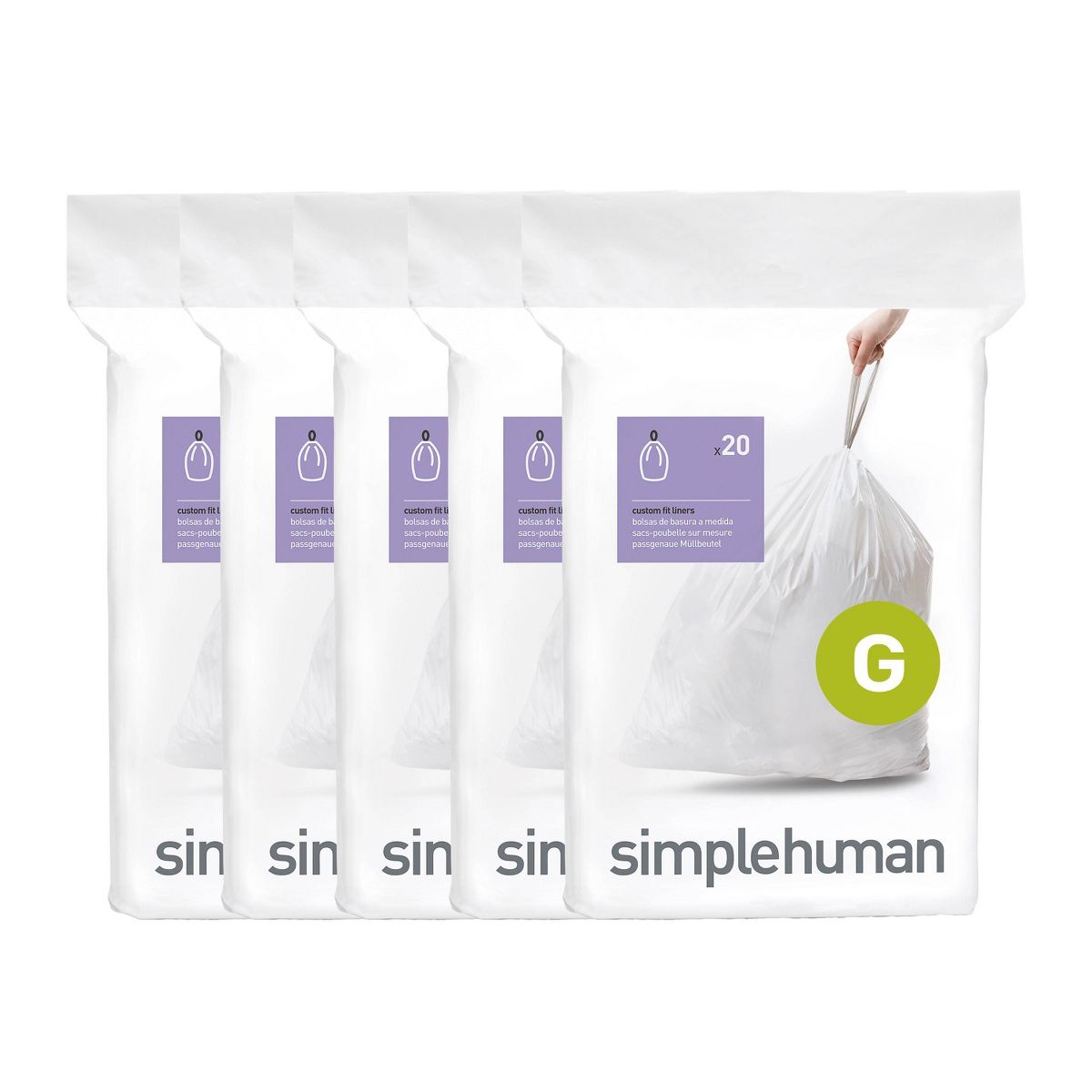 simplehuman 30 L / 30 L Drawstring Tall Kitchen Trash Bags, Code G, 100 Count, White