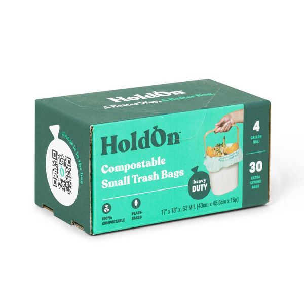 HoldOn Bags 4 Gallon Compostable Trash Bags, 30 Count