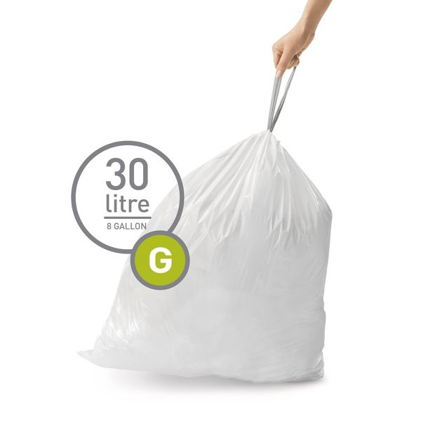 simplehuman 30 L Drawstring Tall Kitchen Trash Bags, Code G, 60 Count, White
