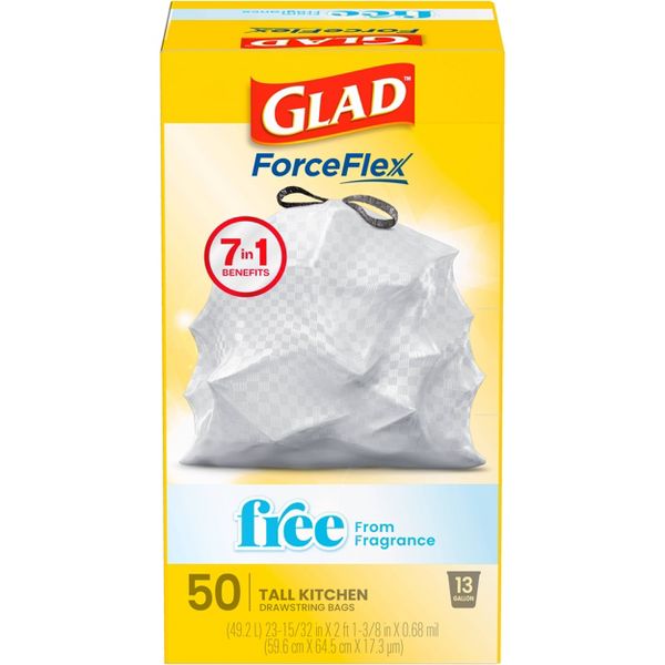 Glad 13 Gallon ForceFlex Drawstring Trash Bags, 50 Count, Unscented